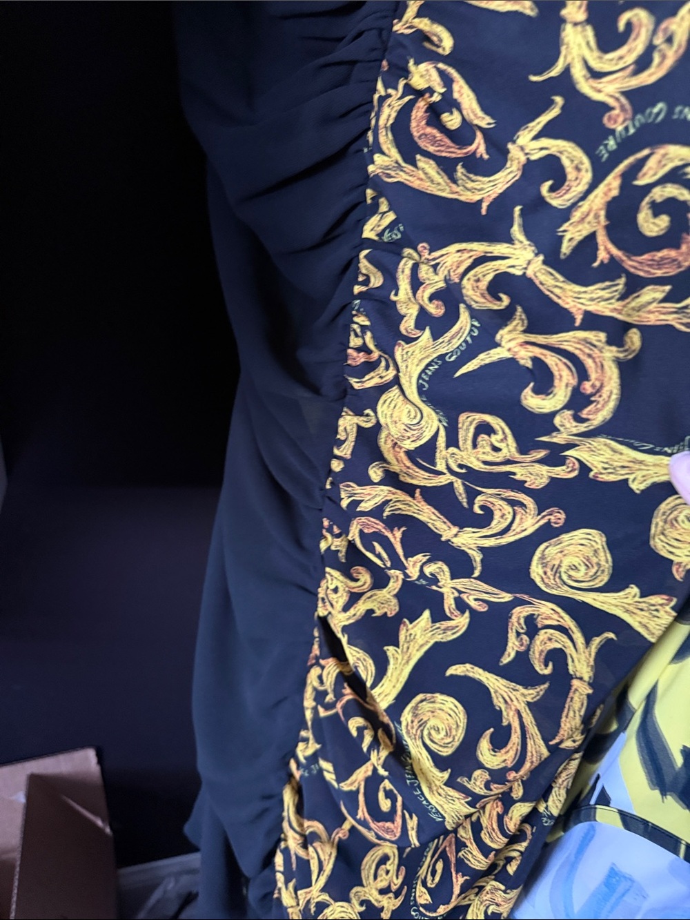 Black Dress with Ornate Gold Scroll Print